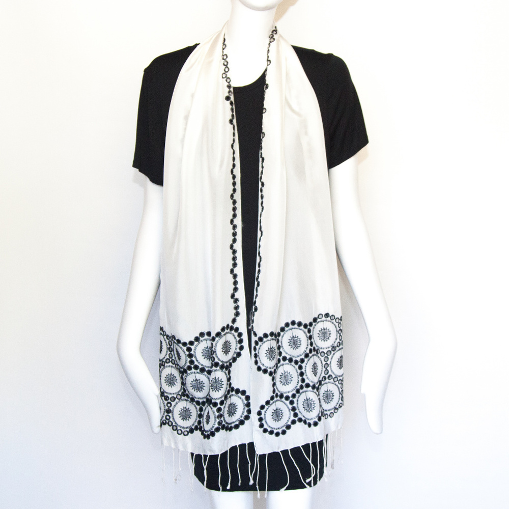 Banana Republic Ivory Silk Embroidered Boho Scarf
